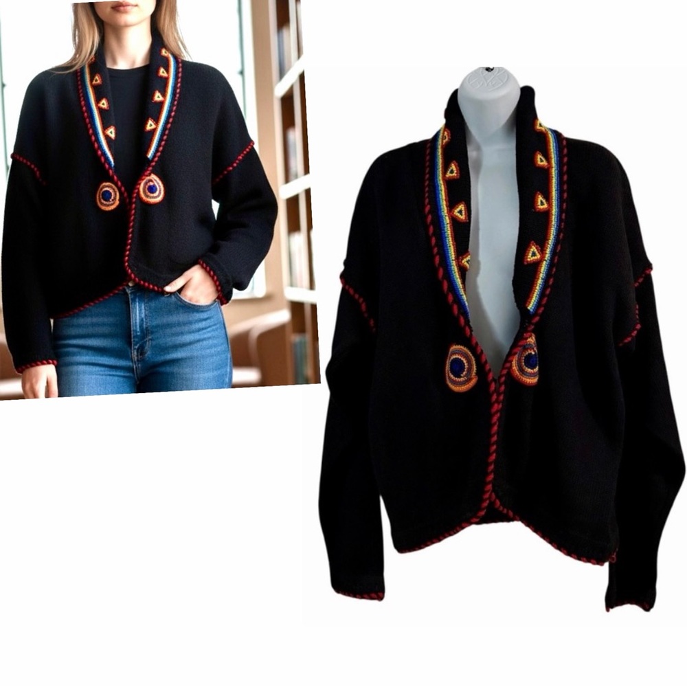 Victoria Jones Black Beaded Knit Cardigan Sweater Size Large Western Vintage